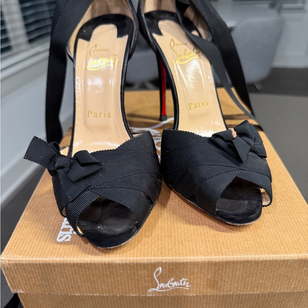 Christian Louboutin Black Peep-Toe ribbon-strapped Heels